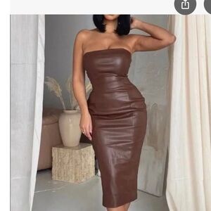Mishki Faux Leather Strapless Midi Dress